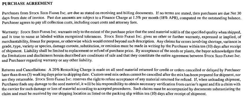 Stock Seed Return Policy